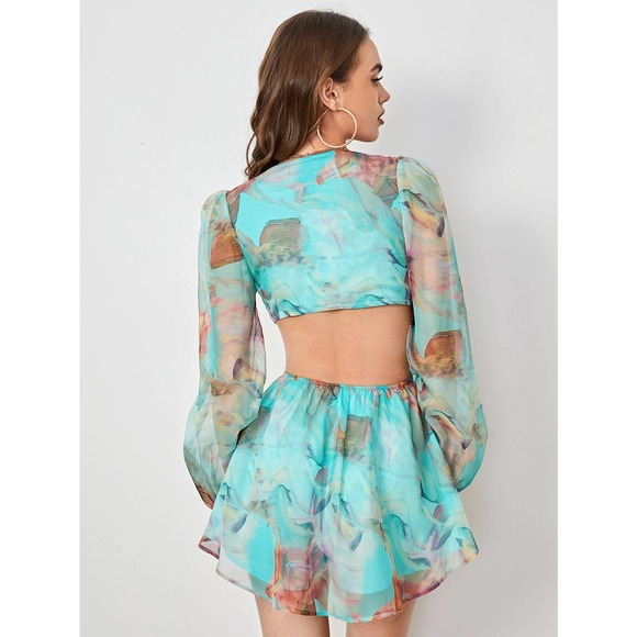 boho Lantern Sleeve Knot Cutout Waist Chiffon Romper - Picture 3 of 11